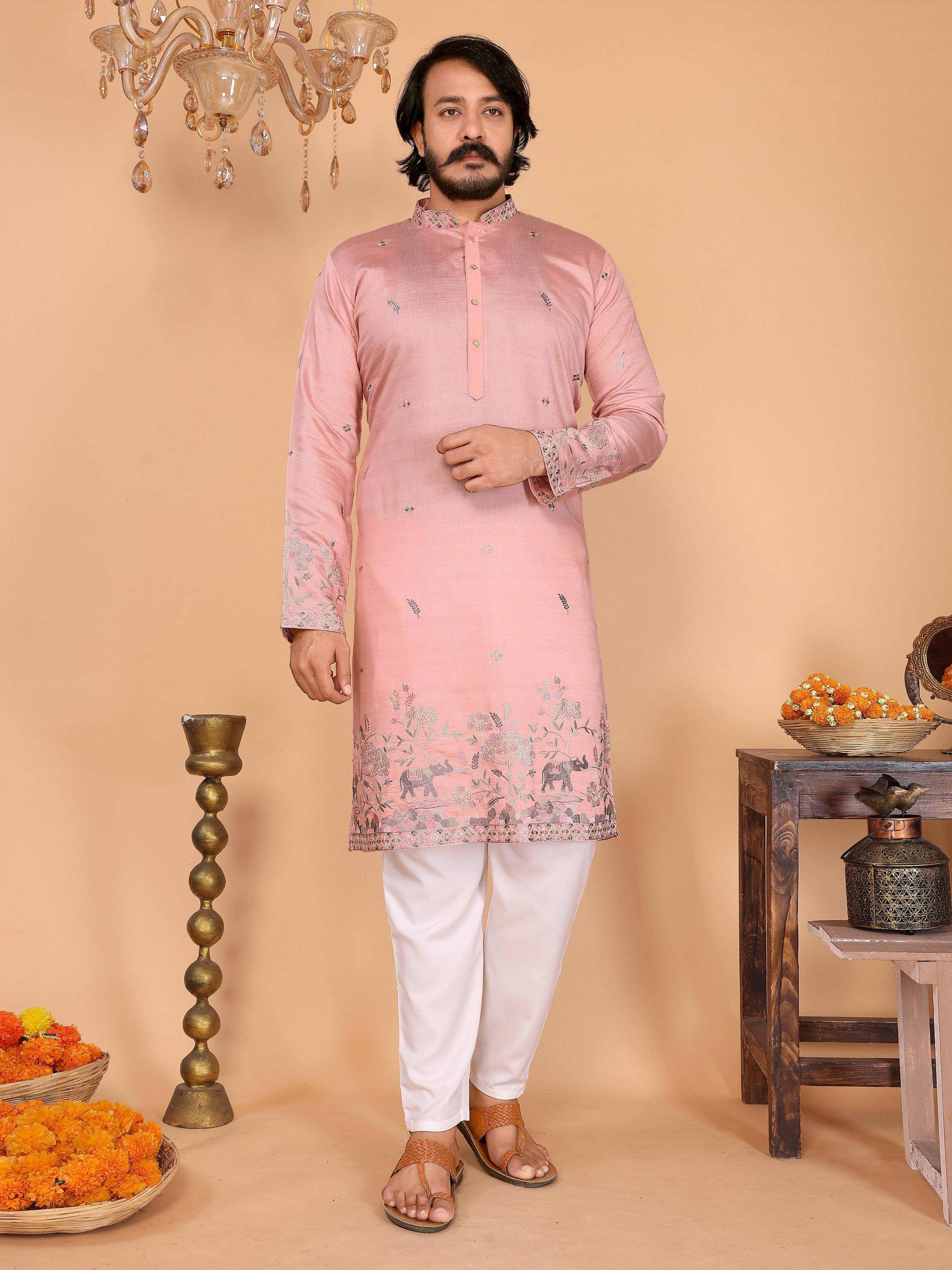 Jyoti Fashion Men's Peach Sequins Embroidered Kurta with Pajama