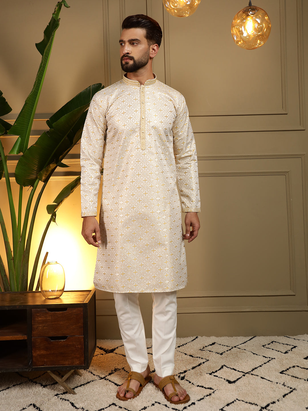 Jyoti Fashion Men's Mustard Jacquard Woven Kurta with Pajama - Distacart