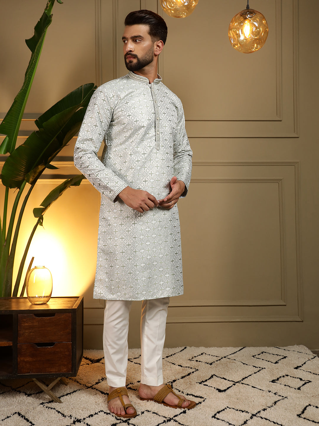 Jyoti Fashion Men's Mehendi Jacquard Woven Kurta with Pajama - Distacart