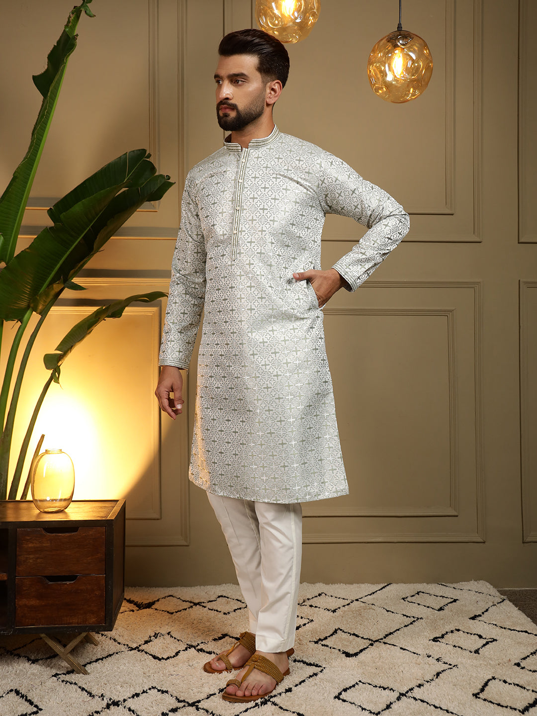 Jyoti Fashion Men's Mehendi Jacquard Woven Kurta with Pajama - Distacart