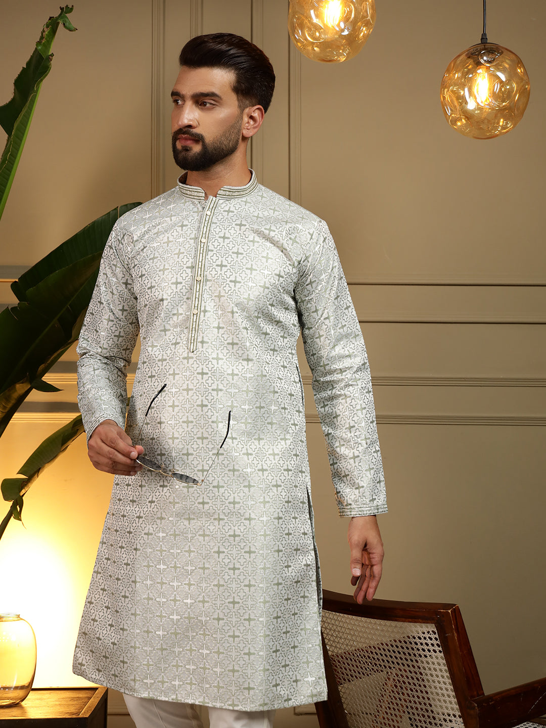 Jyoti Fashion Men's Mehendi Jacquard Woven Kurta with Pajama