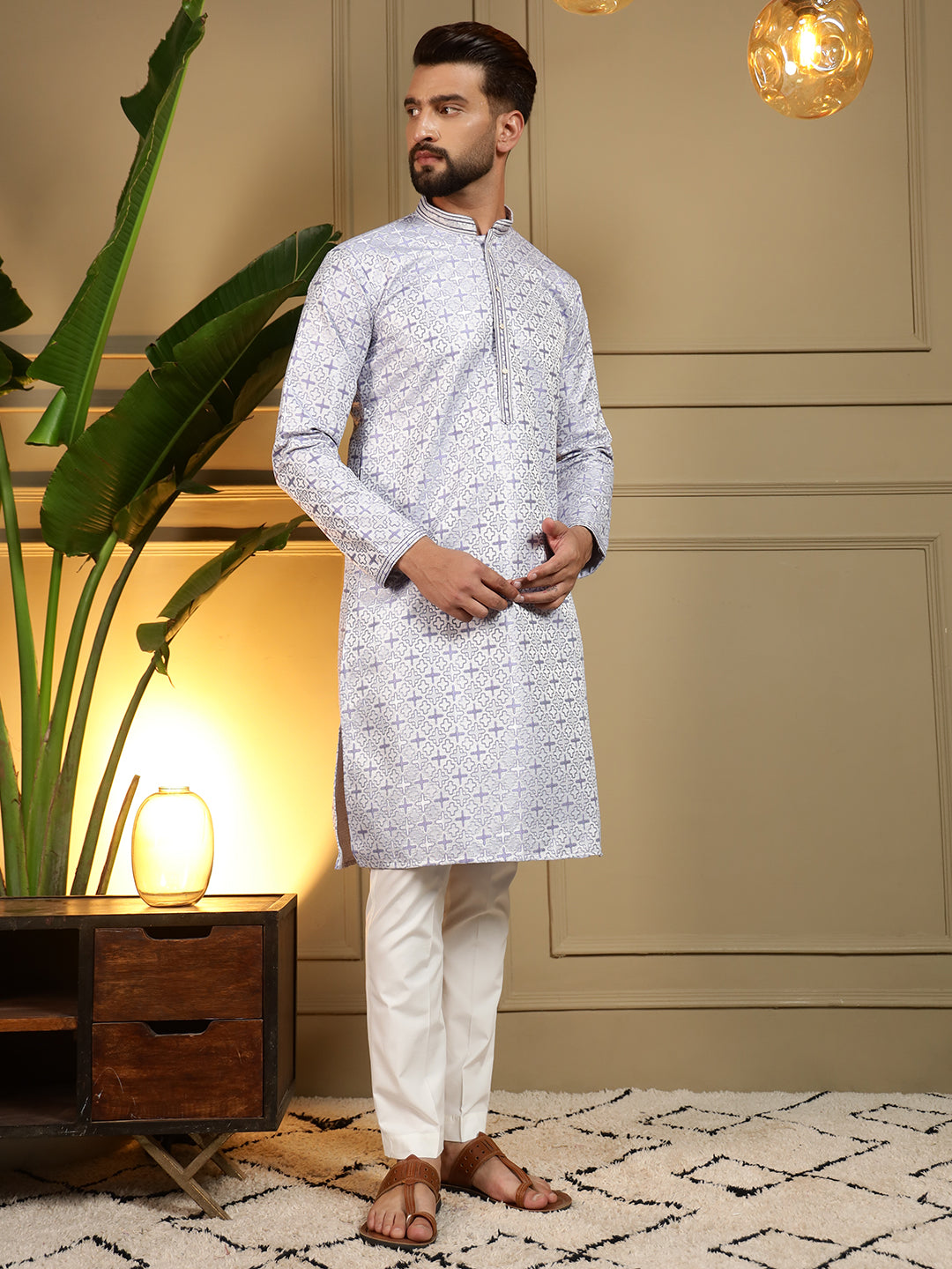 Jyoti Fashion Men's Grey Jacquard Woven Kurta with Pajama