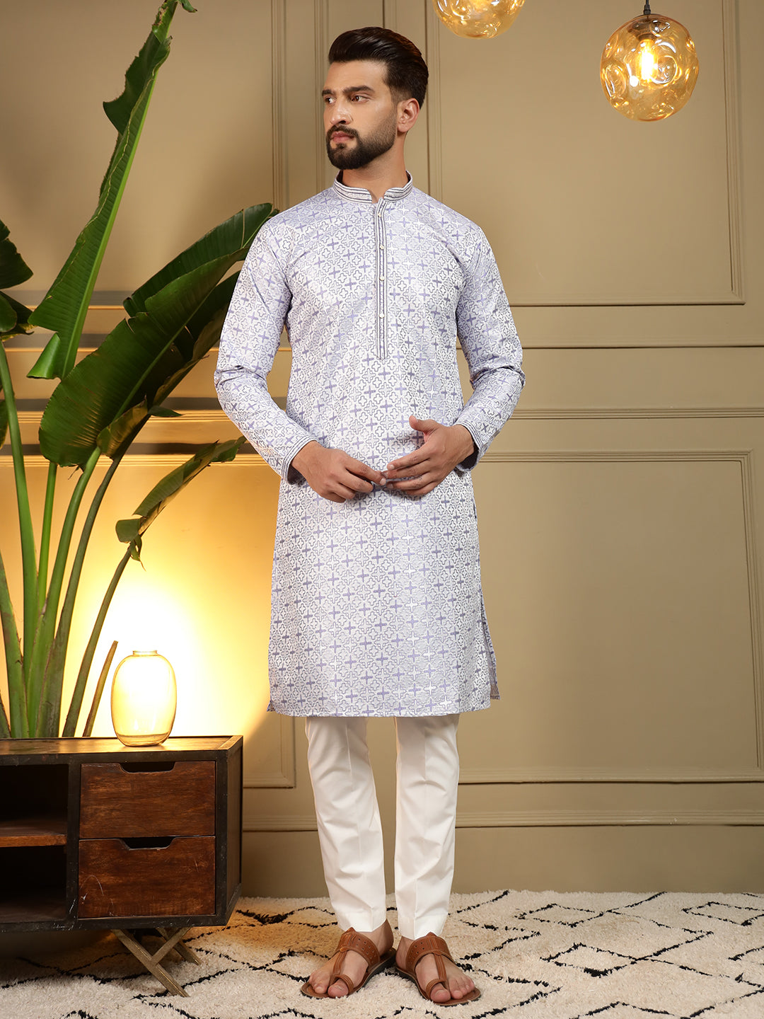 Jyoti Fashion Men's Grey Jacquard Woven Kurta with Pajama - Distacart