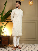 Thumbnail for Jyoti Fashion Men's Off White Mirror Embroidery Kurta with Pajama - Distacart