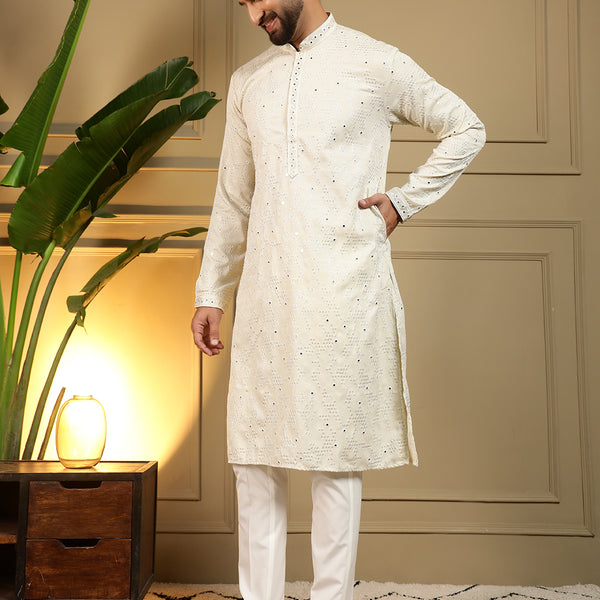 Jyoti Fashion Men's Off White Mirror Embroidery Kurta with Pajama - Distacart