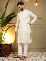 Thumbnail for Jyoti Fashion Men's Off White Mirror Embroidery Kurta with Pajama - Distacart