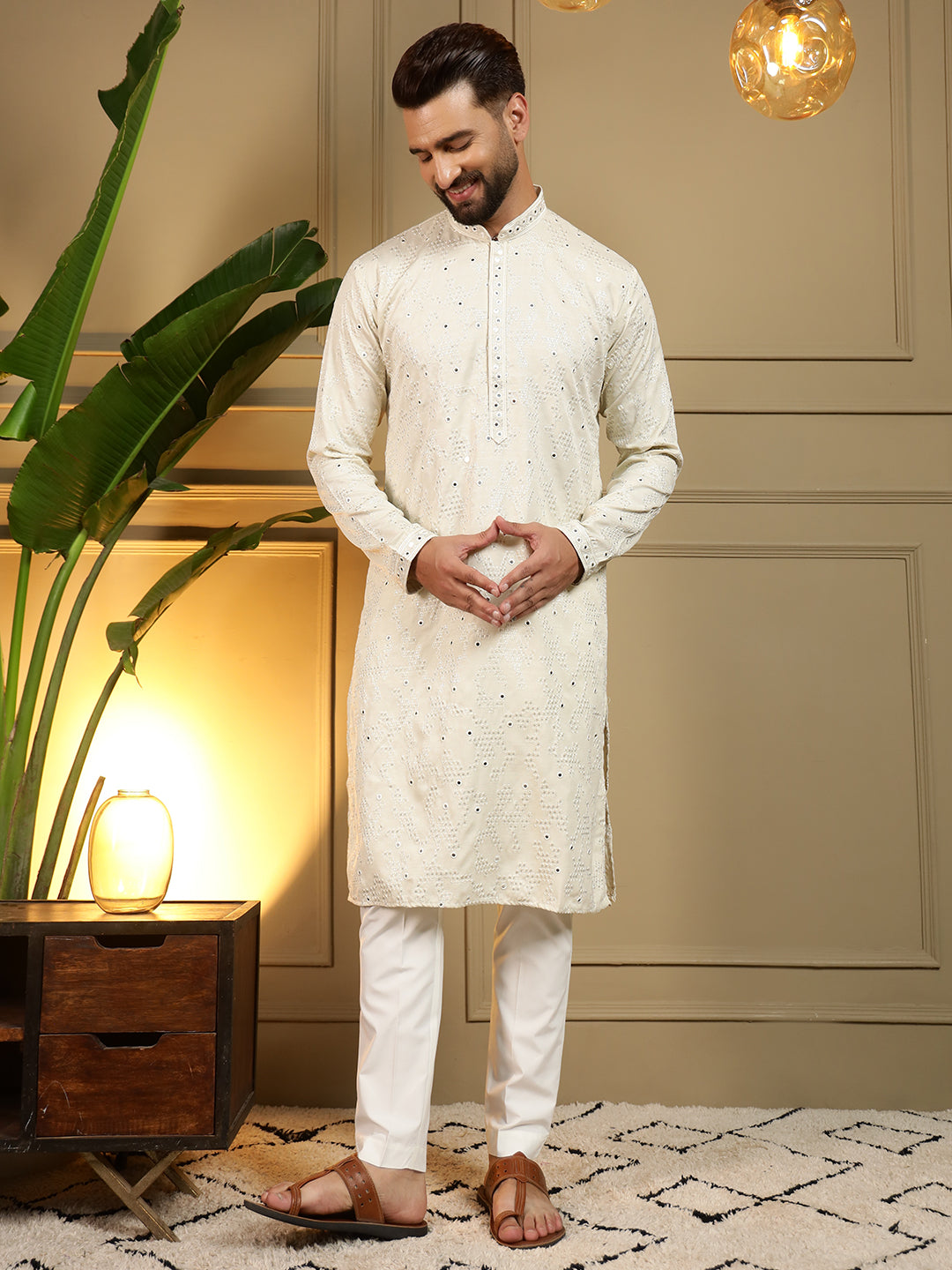 Jyoti Fashion Men's Off White Mirror Embroidery Kurta with Pajama - Distacart