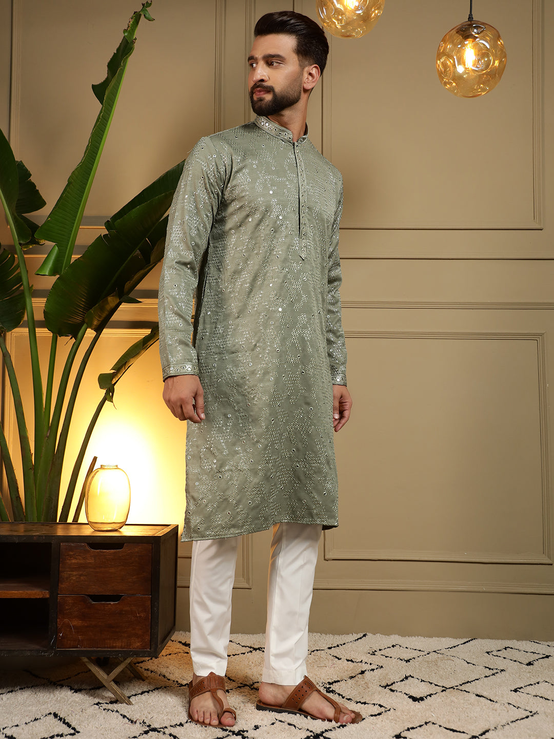 Jyoti Fashion Men's Green Mirror Embroidery Kurta with Pajama