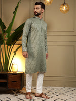 Thumbnail for Jyoti Fashion Men's Green Mirror Embroidery Kurta with Pajama
