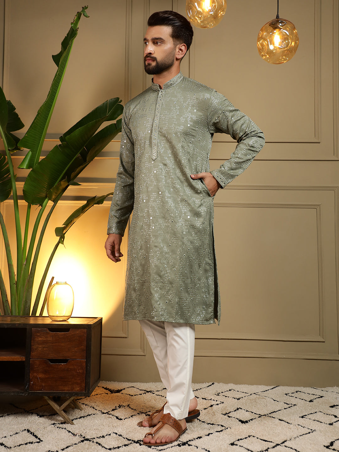 Jyoti Fashion Men's Green Mirror Embroidery Kurta with Pajama - Distacart