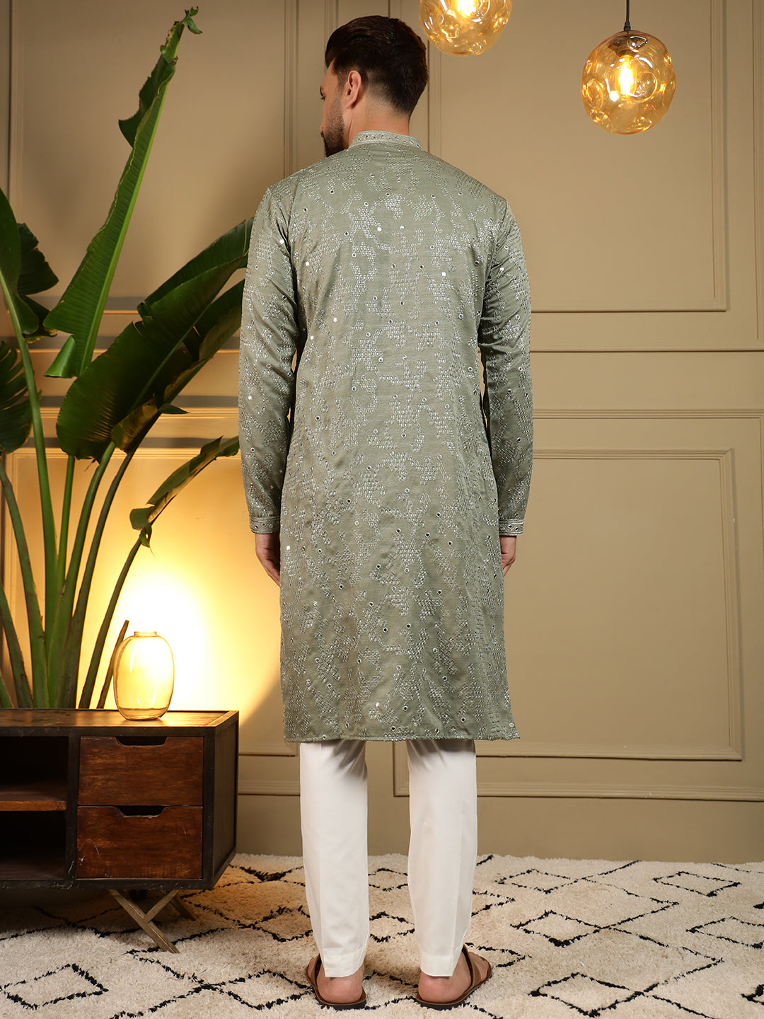 Jyoti Fashion Men's Green Mirror Embroidery Kurta with Pajama