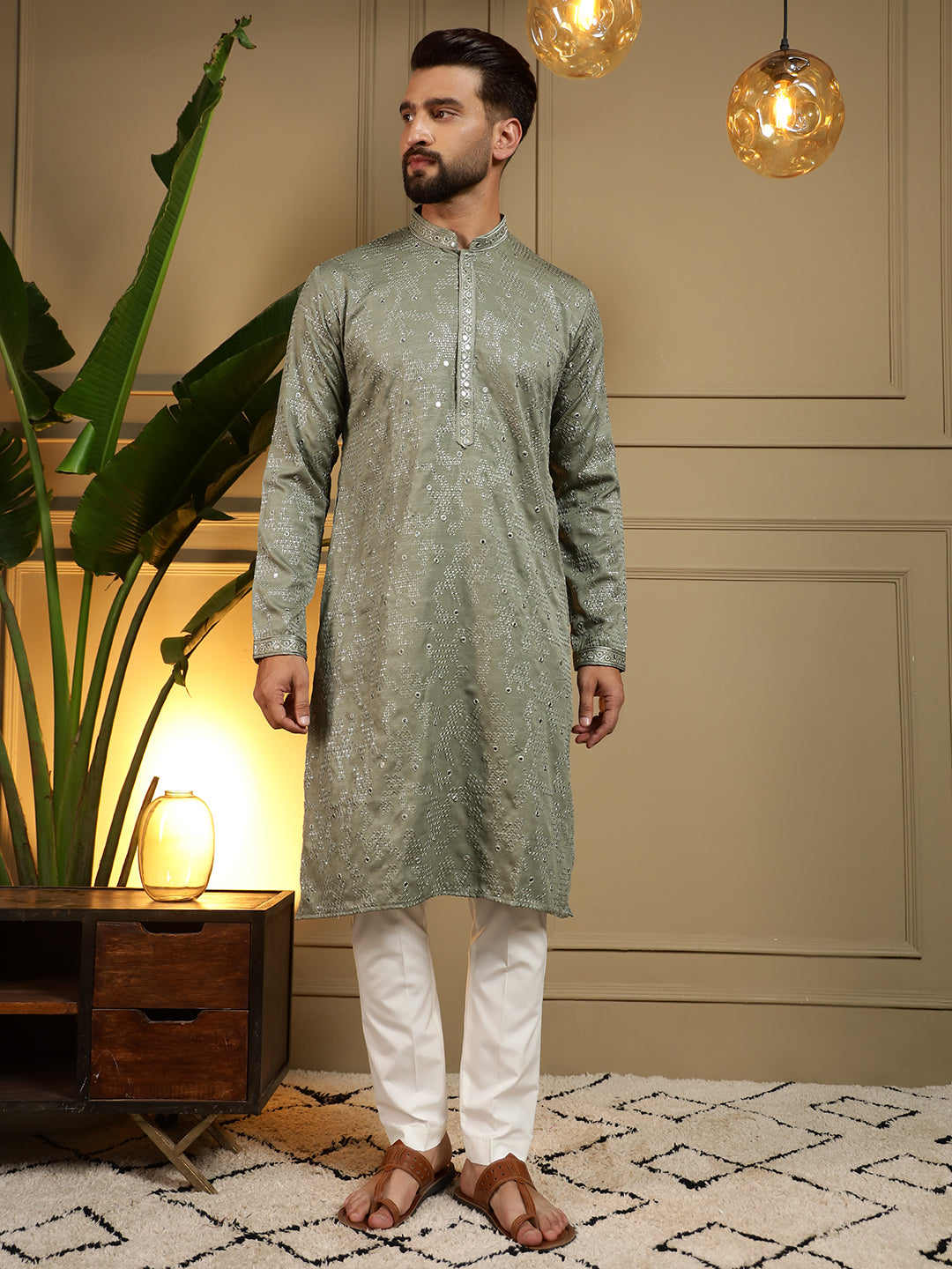 Jyoti Fashion Men's Green Mirror Embroidery Kurta with Pajama - Distacart