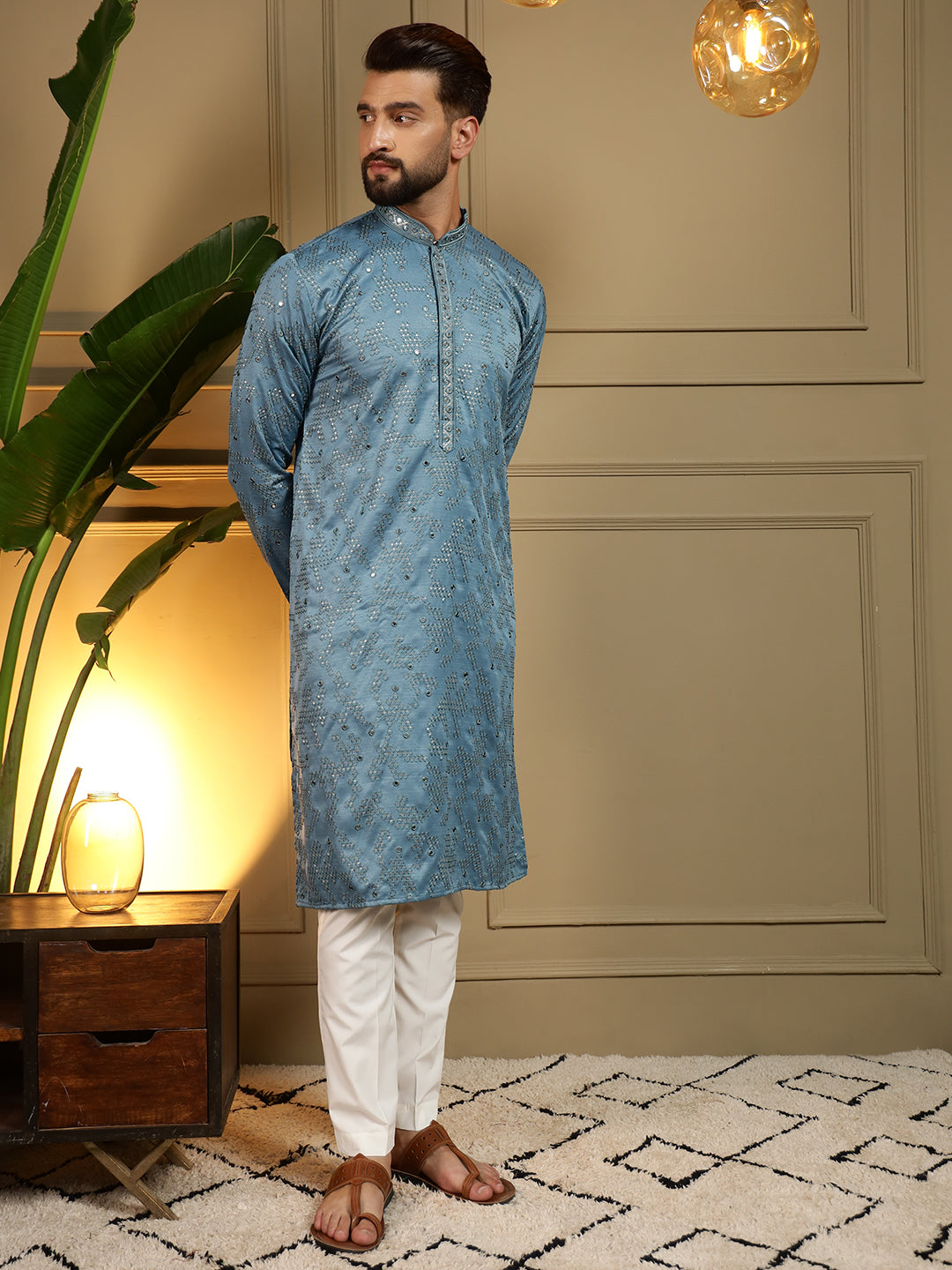 Jyoti Fashion Men's Firozi Mirror Embroidery Kurta with Pajama - Distacart