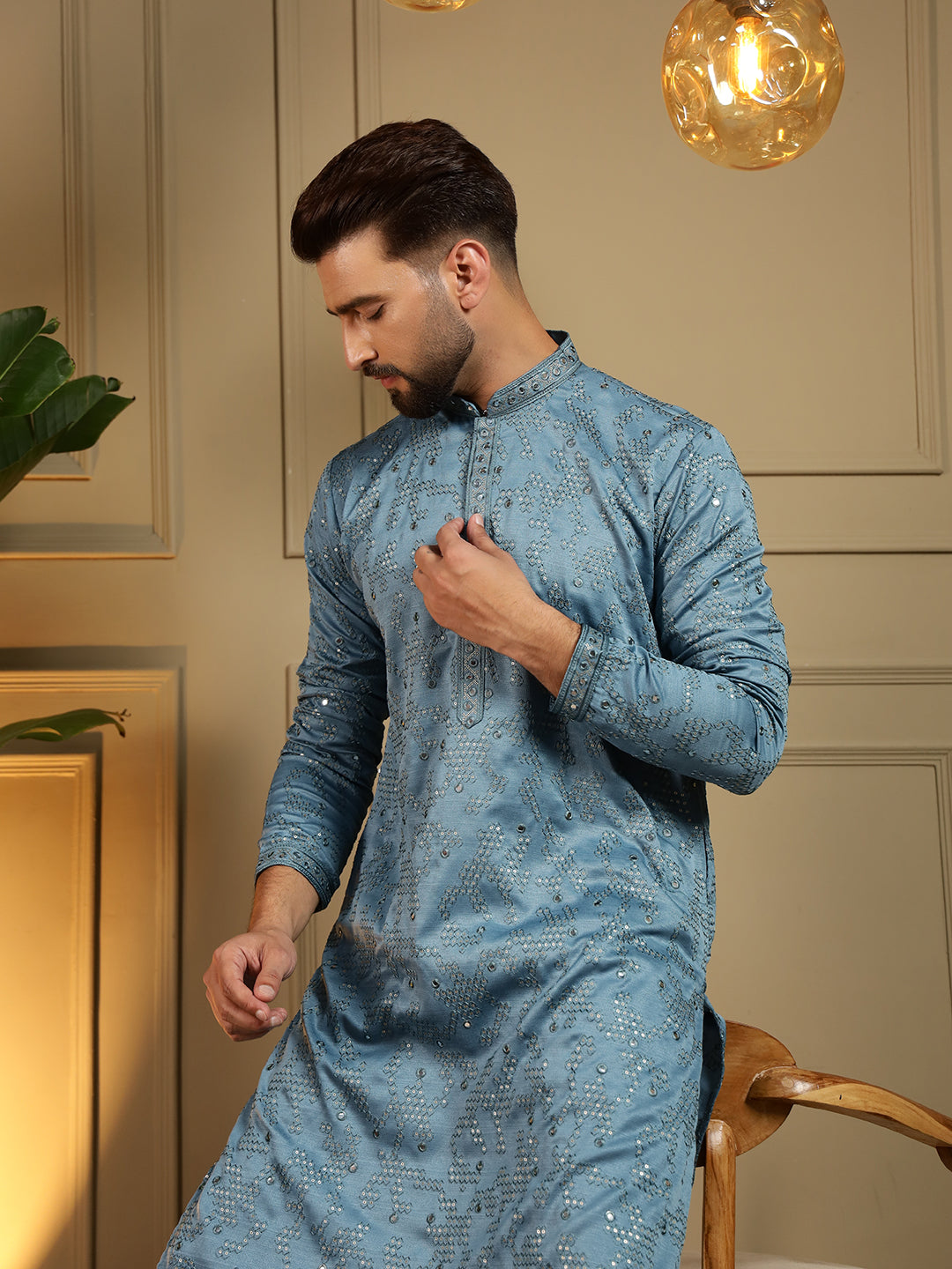 Jyoti Fashion Men's Firozi Mirror Embroidery Kurta with Pajama - Distacart