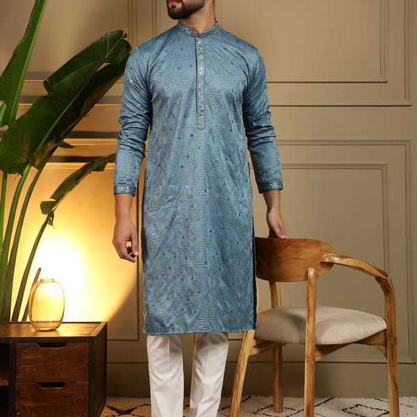 Jyoti Fashion Men's Firozi Mirror Embroidery Kurta with Pajama - Distacart