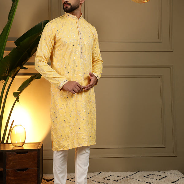 Jyoti Fashion Men's Yellow Mirror Embroidery Kurta with Pajama - Distacart