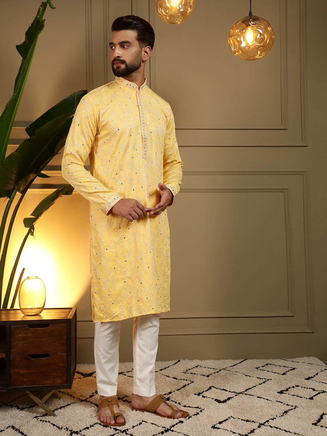 Jyoti Fashion Men's Yellow Mirror Embroidery Kurta with Pajama - Distacart