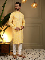 Thumbnail for Jyoti Fashion Men's Yellow Mirror Embroidery Kurta with Pajama - Distacart