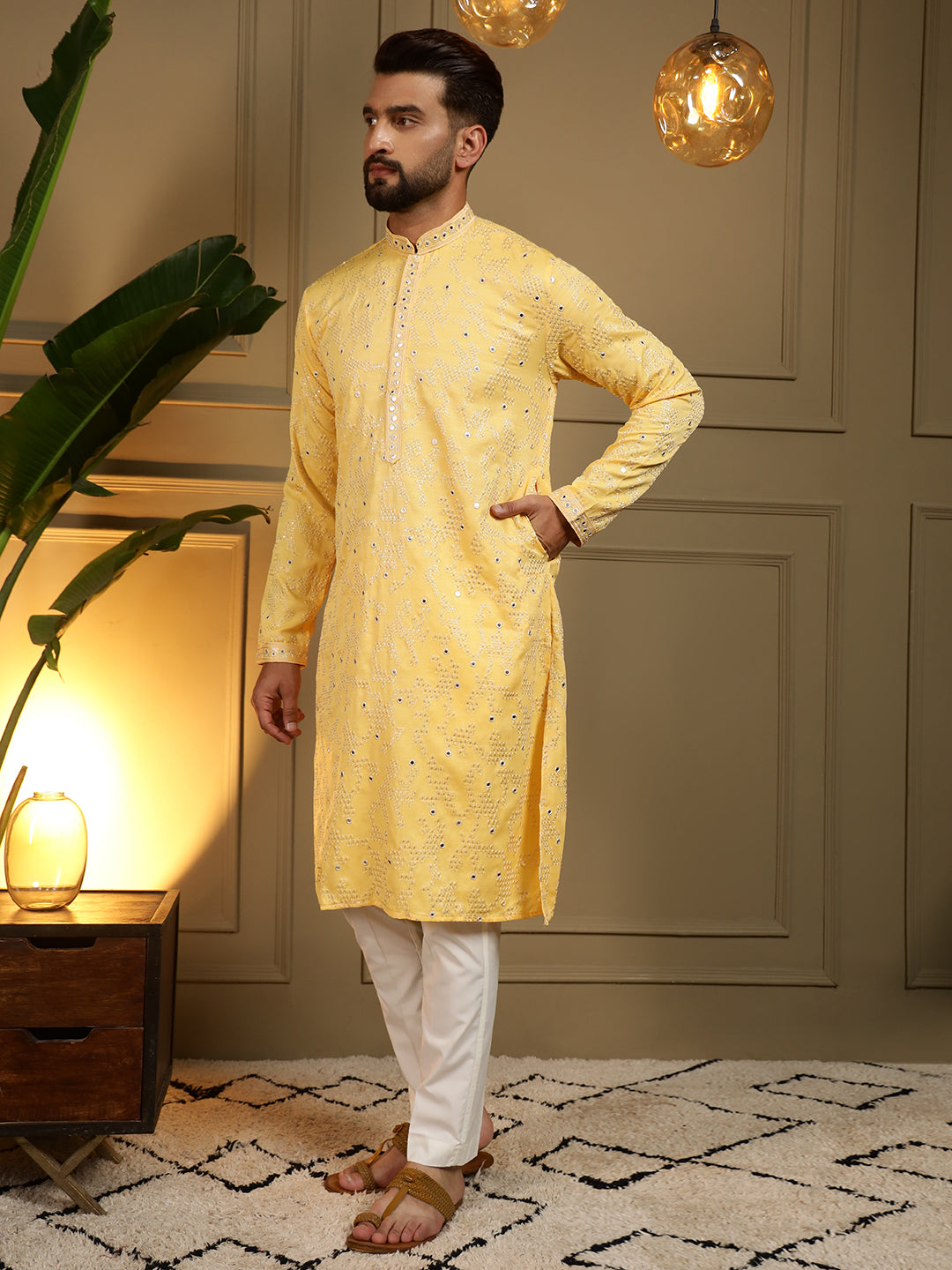 Jyoti Fashion Men's Yellow Mirror Embroidery Kurta with Pajama - Distacart