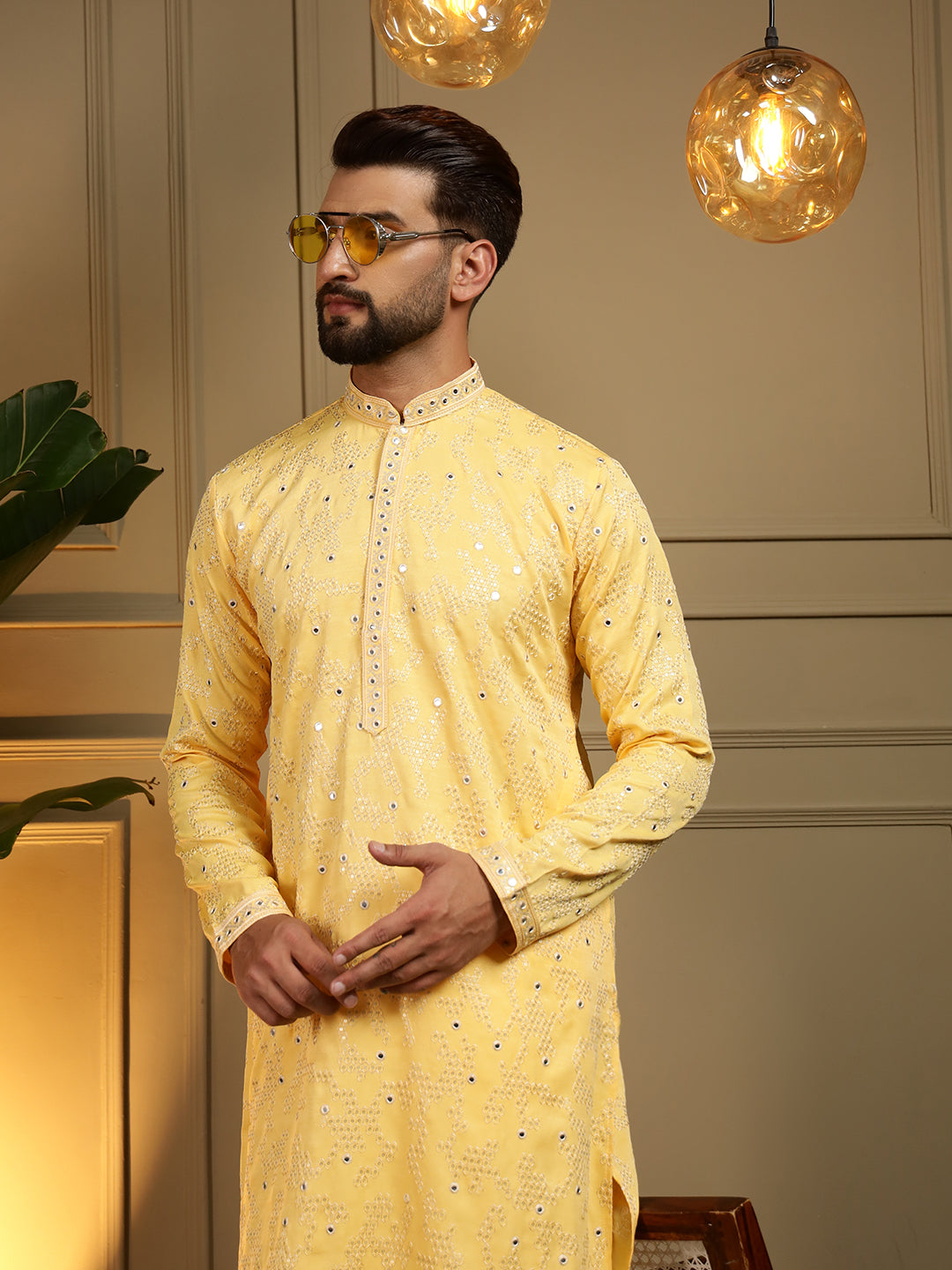 Jyoti Fashion Men's Yellow Mirror Embroidery Kurta with Pajama - Distacart