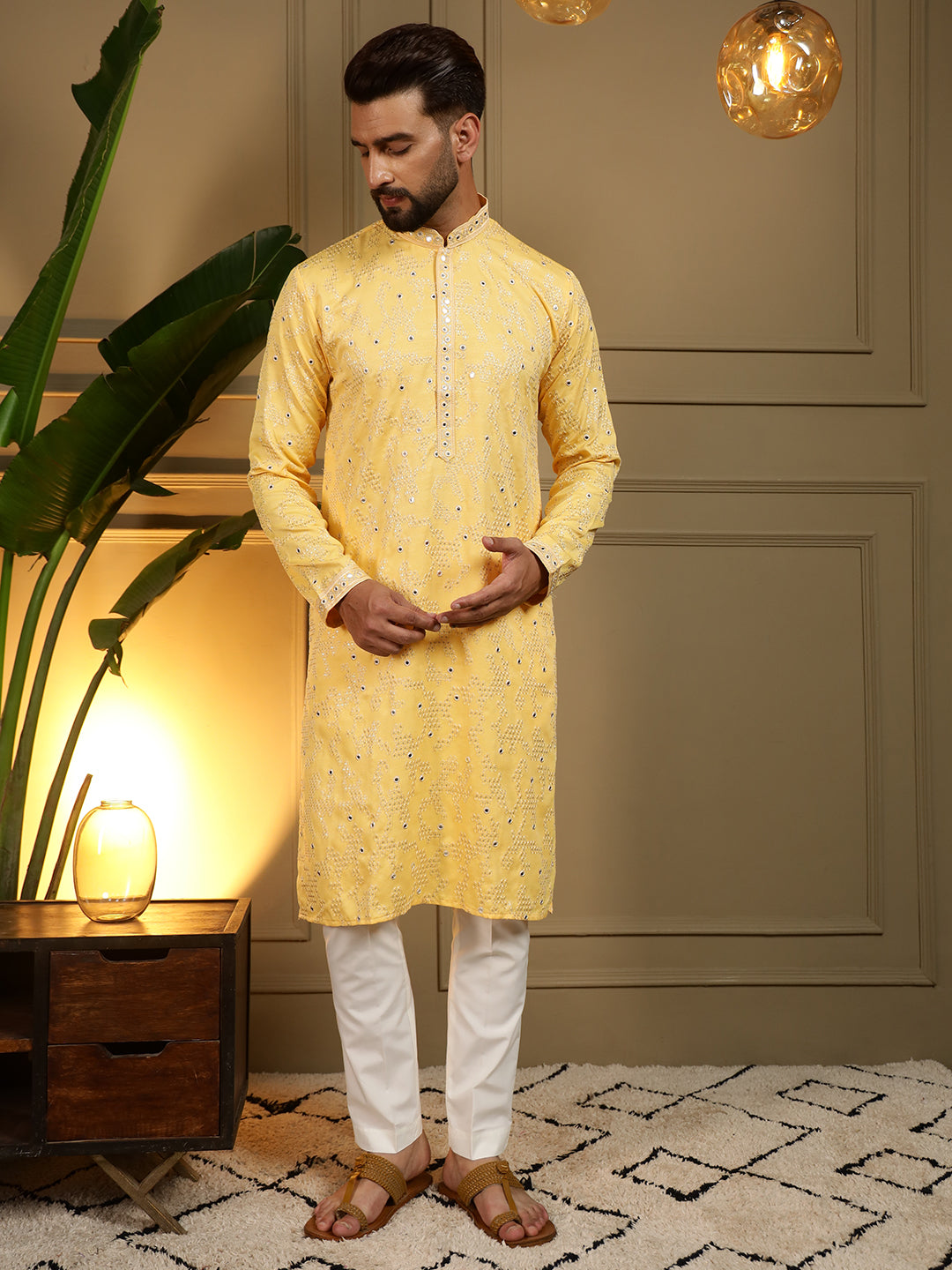 Jyoti Fashion Men's Yellow Mirror Embroidery Kurta with Pajama - Distacart