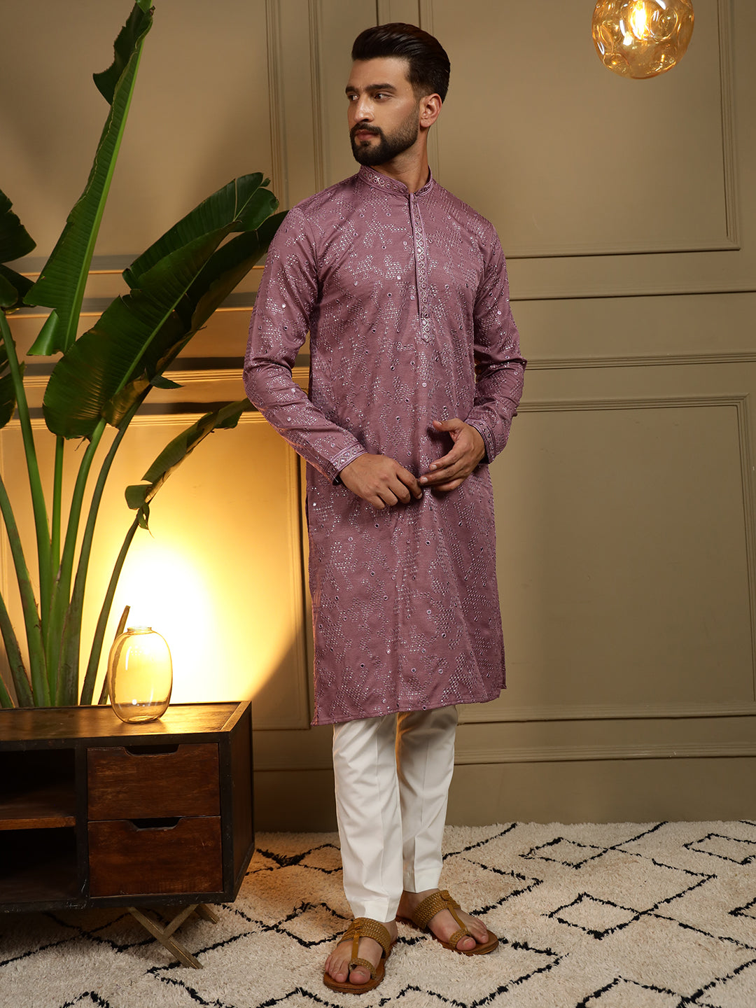 Jyoti Fashion Men's Wine Mirror Embroidery Kurta with Pajama - Distacart