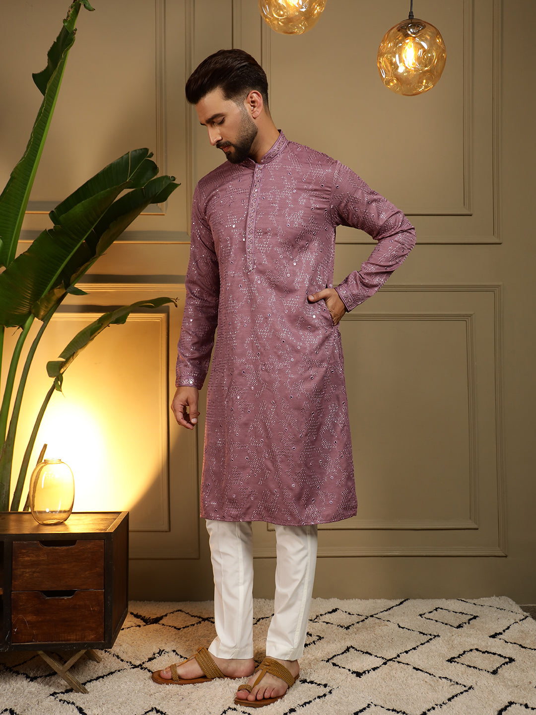 Jyoti Fashion Men's Wine Mirror Embroidery Kurta with Pajama - Distacart