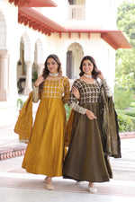 Thumbnail for Jyoti Fashion Women's Yellow & Mehendi Vichitra Silk Embroidered Combo Anarkali Set With Dupatta