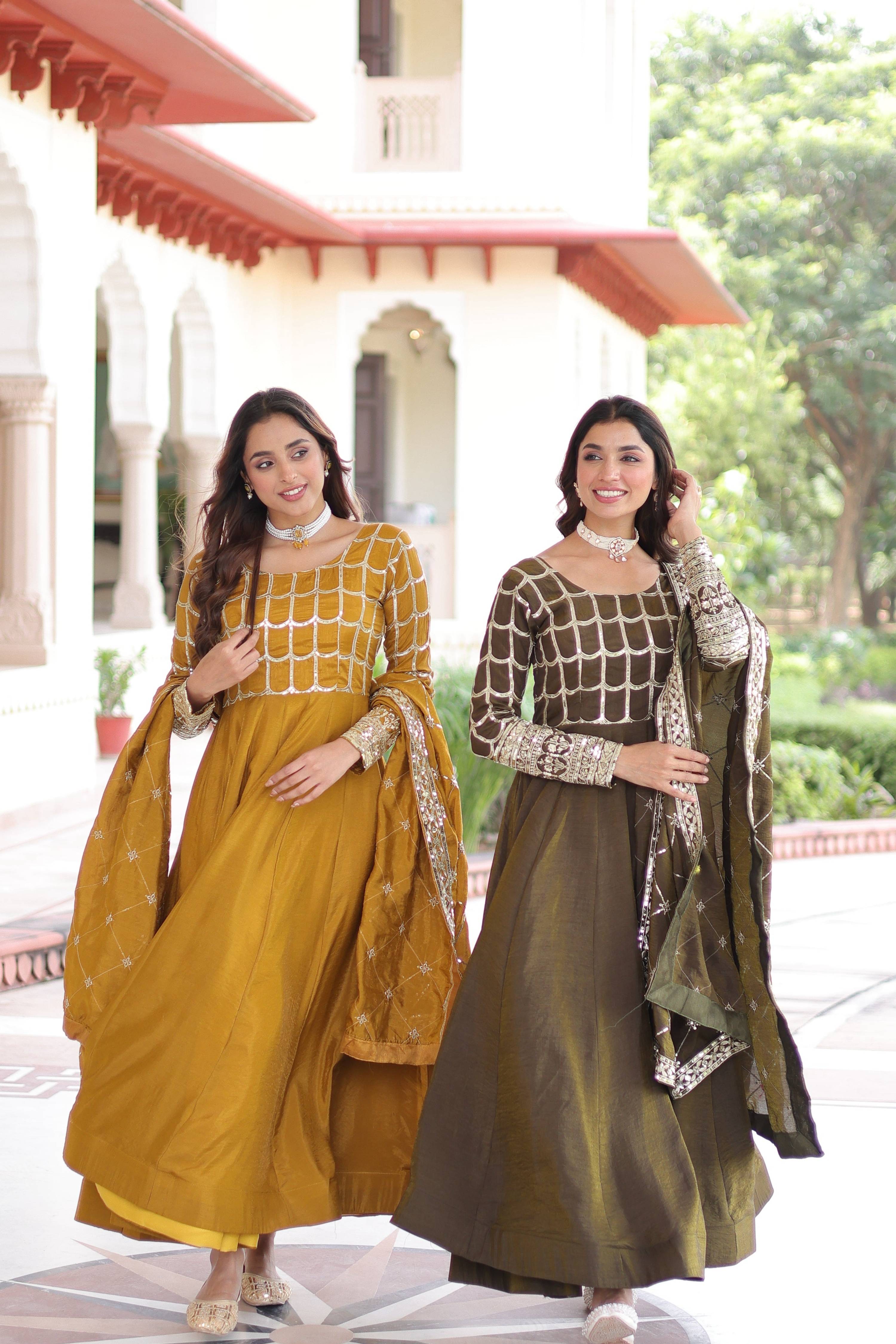 Jyoti Fashion Women's Yellow & Mehendi Vichitra Silk Embroidered Combo Anarkali Set With Dupatta