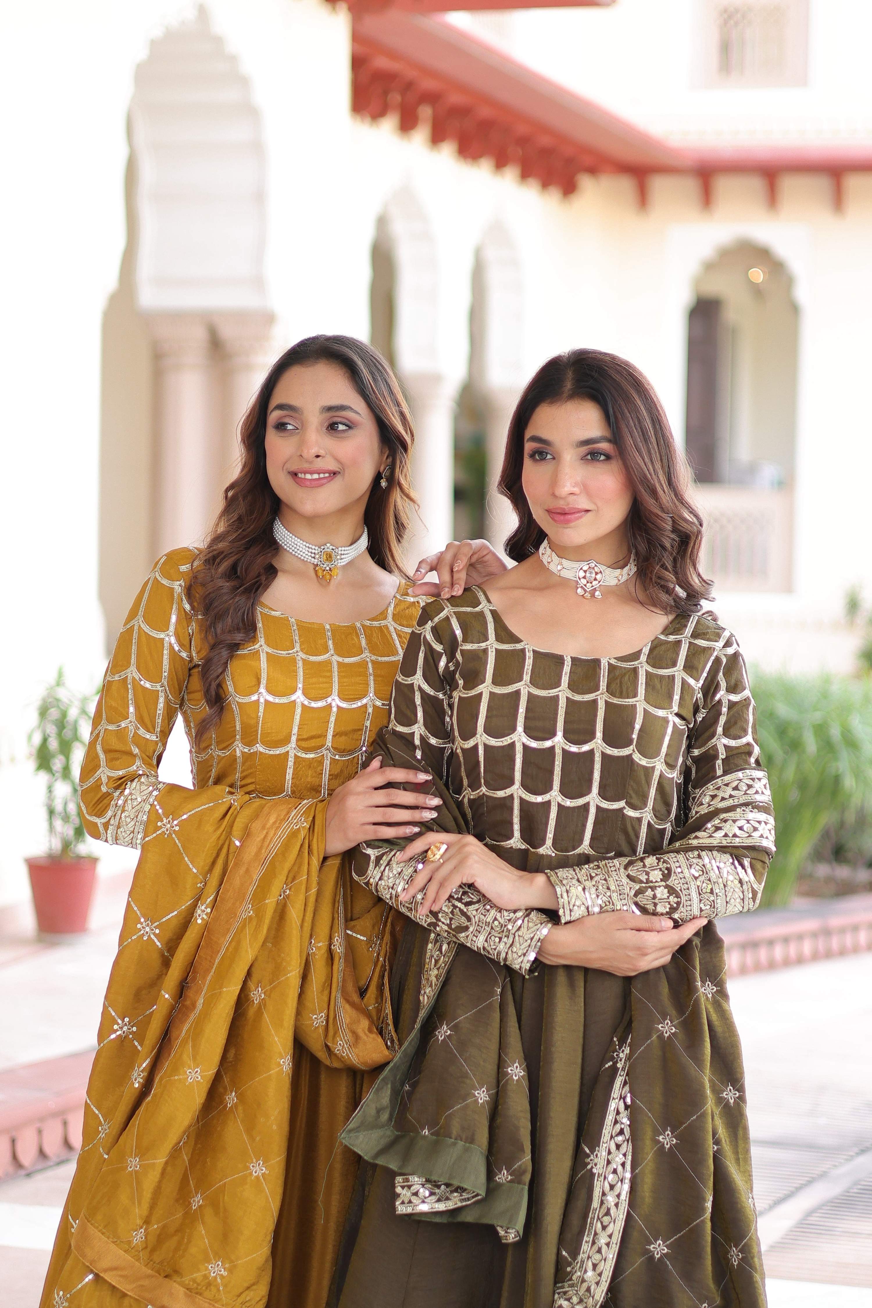 Jyoti Fashion Women's Yellow & Mehendi Vichitra Silk Embroidered Combo Anarkali Set With Dupatta