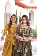 Thumbnail for Jyoti Fashion Women's Yellow & Mehendi Vichitra Silk Embroidered Combo Anarkali Set With Dupatta