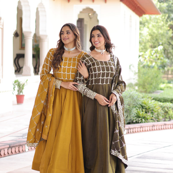 Jyoti Fashion Women's Yellow & Mehendi Vichitra Silk Embroidered Combo Anarkali Set With Dupatta