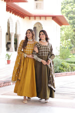 Thumbnail for Jyoti Fashion Women's Yellow & Mehendi Vichitra Silk Embroidered Combo Anarkali Set With Dupatta