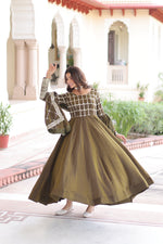 Thumbnail for Jyoti Fashion Women's Mehendi Vichitra Silk Sequins Zari Embroidered Anarkali Set With Dupatta - Distacart