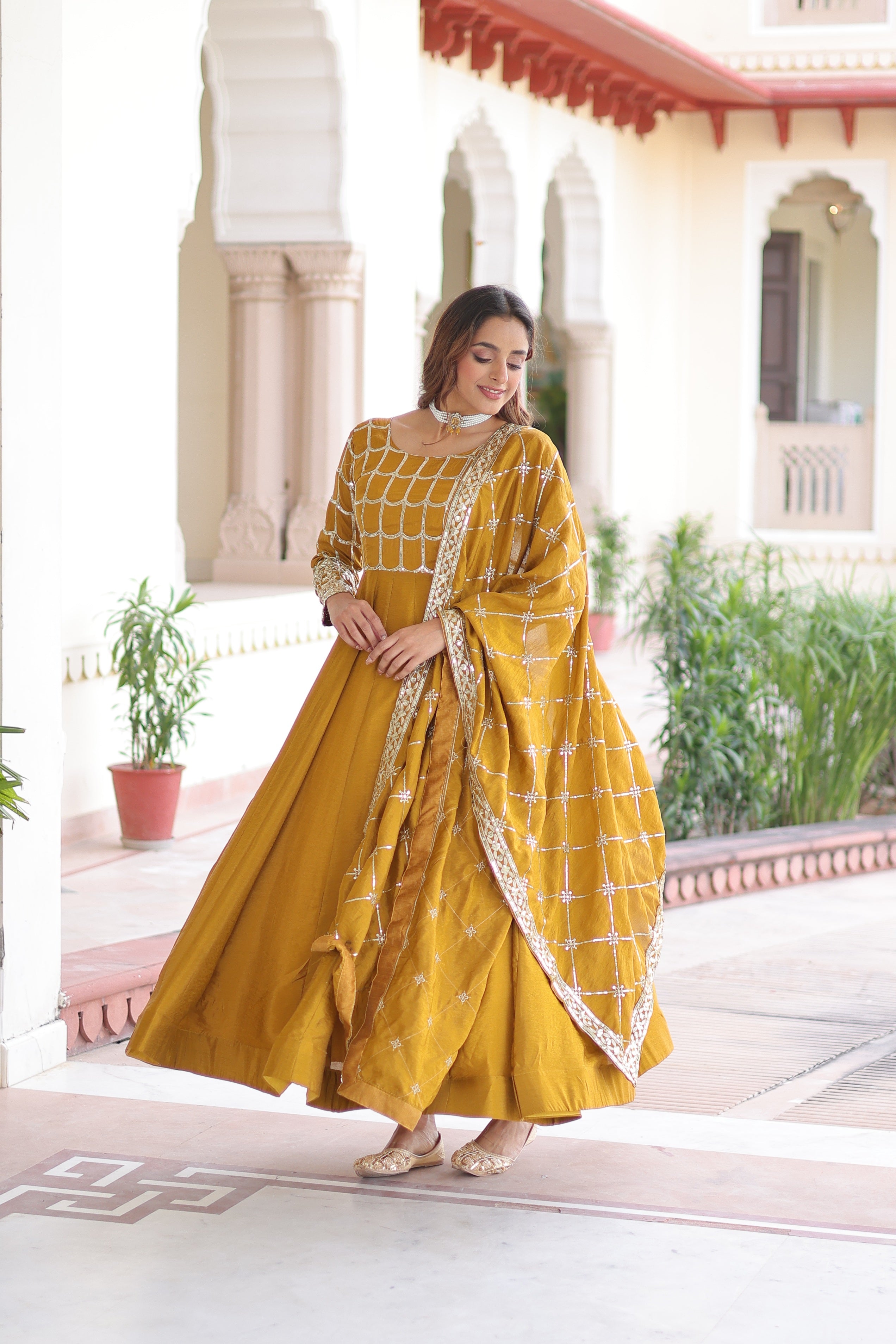 Jyoti Fashion Women's Yellow Vichitra Silk Sequins Zari Embroidered Anarkali Set With Dupatta - Distacart