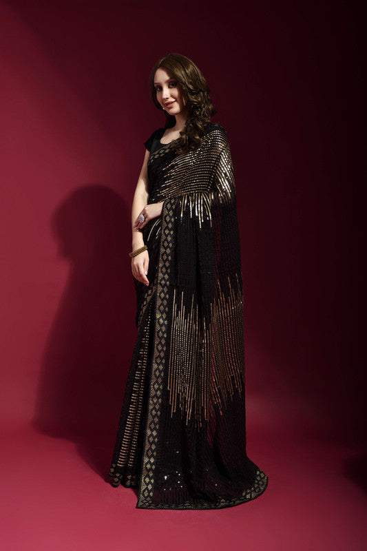 Jyoti Fashion Women's Black Sequence Embroidery Georgette Saree with Blouse - Distacart