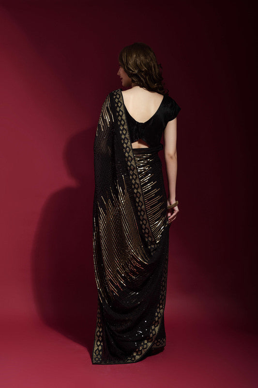 Jyoti Fashion Women's Black Sequence Embroidery Georgette Saree with Blouse - Distacart