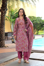 Thumbnail for Jyoti Fashion Pink Cotton Silk Floral Printed Designer Kurta Set with Dupatta - Distacart