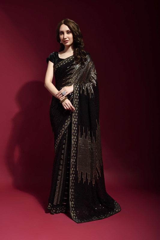 Jyoti Fashion Women's Black Sequence Embroidery Georgette Saree with Blouse - Distacart