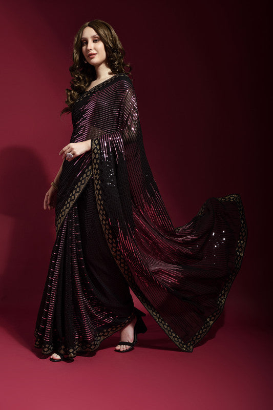 Jyoti Fashion Women's Wine Sequence Embroidery Georgette Saree with Blouse - Distacart