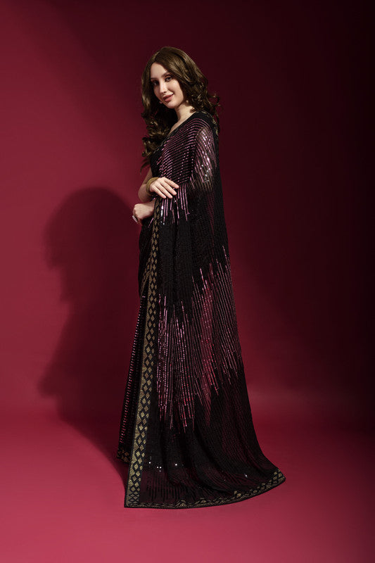 Jyoti Fashion Women's Wine Sequence Embroidery Georgette Saree with Blouse - Distacart