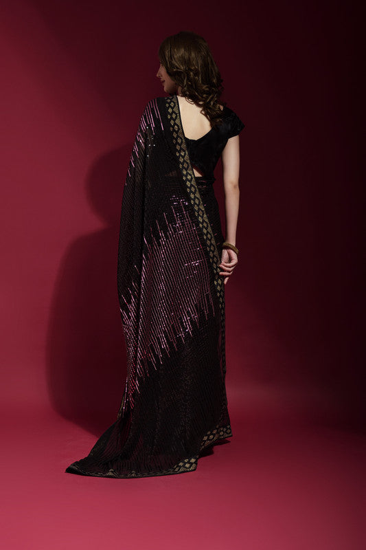 Jyoti Fashion Women's Wine Sequence Embroidery Georgette Saree with Blouse - Distacart