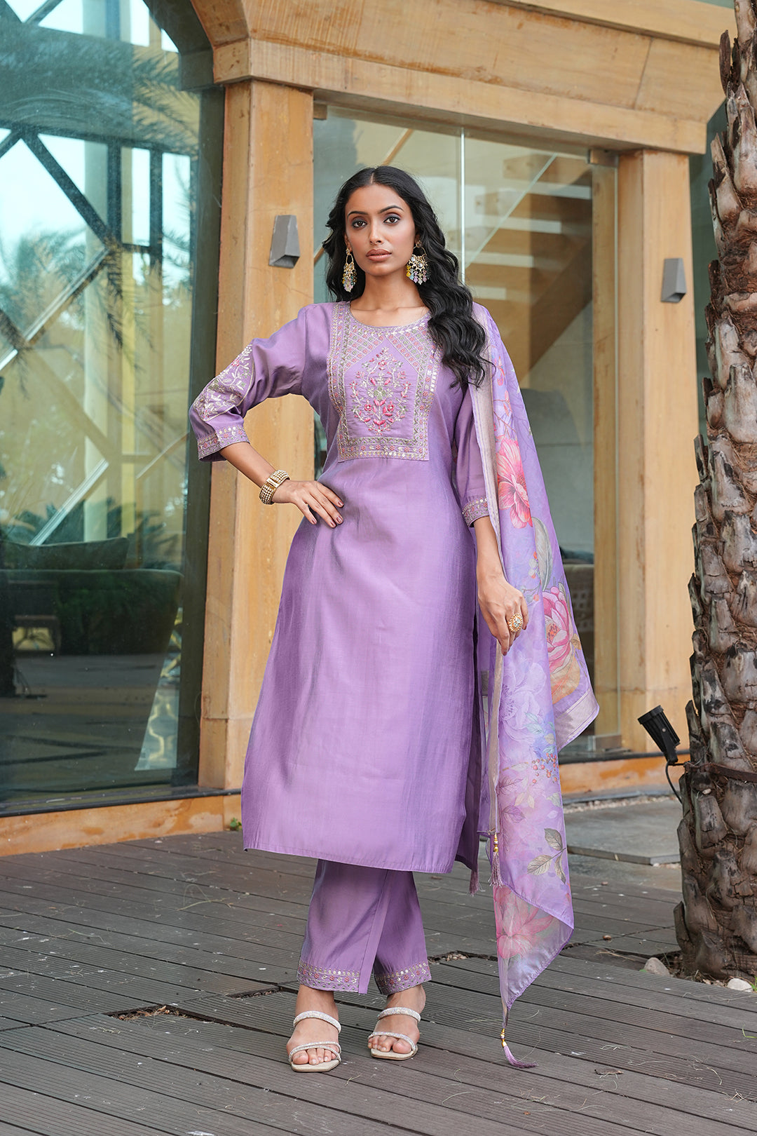 Jyoti Fashion Purple Cotton Silk Embroidered Designer Kurta Set with Dupatta - Distacart