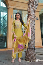 Thumbnail for Jyoti Fashion Mustard Cotton Silk Embroidered Designer Kurta Set with Dupatta - Distacart