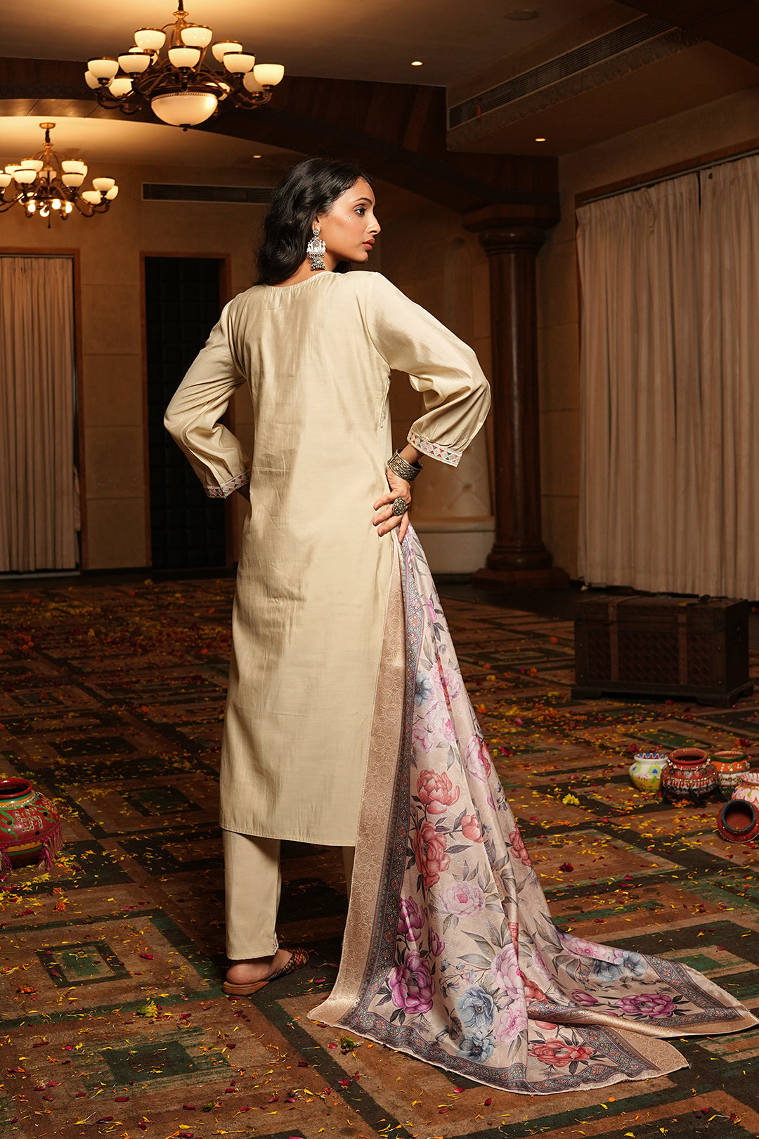 Jyoti Fashion Cream Cotton Silk Embroidered Designer Kurta Set with Dupatta - Distacart