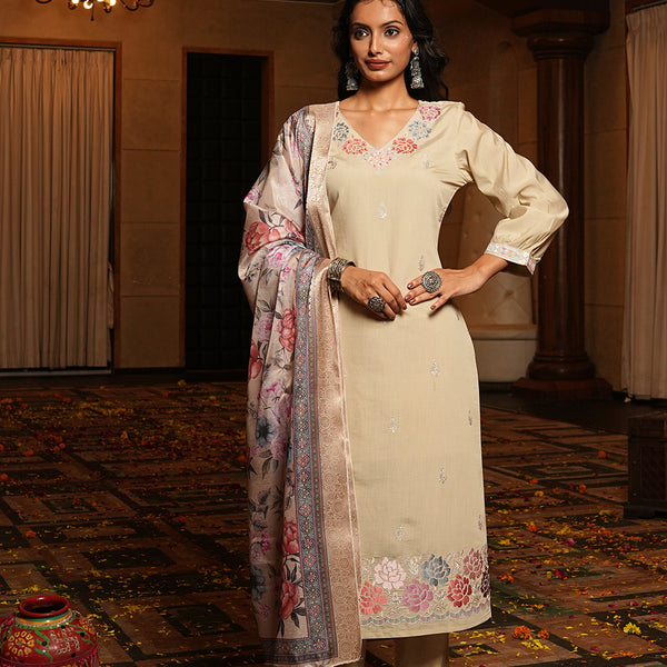 Jyoti Fashion Cream Cotton Silk Embroidered Designer Kurta Set with Dupatta - Distacart