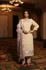 Thumbnail for Jyoti Fashion Cream Cotton Silk Embroidered Designer Kurta Set with Dupatta - Distacart