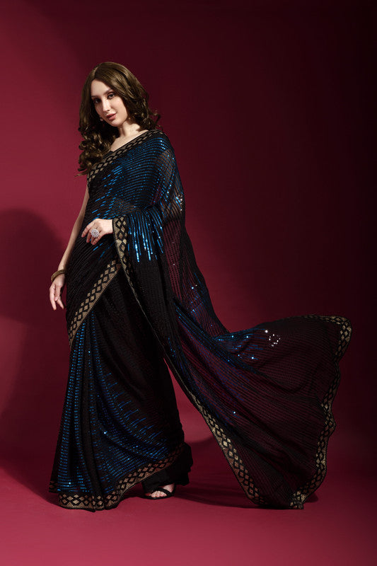 Jyoti Fashion Women's Blue Sequence Embroidery Georgette Saree with Blouse - Distacart