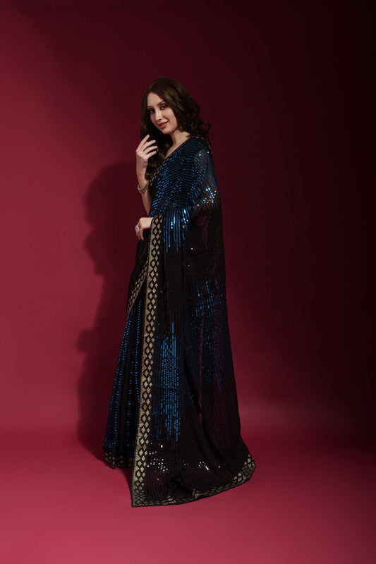 Jyoti Fashion Women's Blue Sequence Embroidery Georgette Saree with Blouse - Distacart