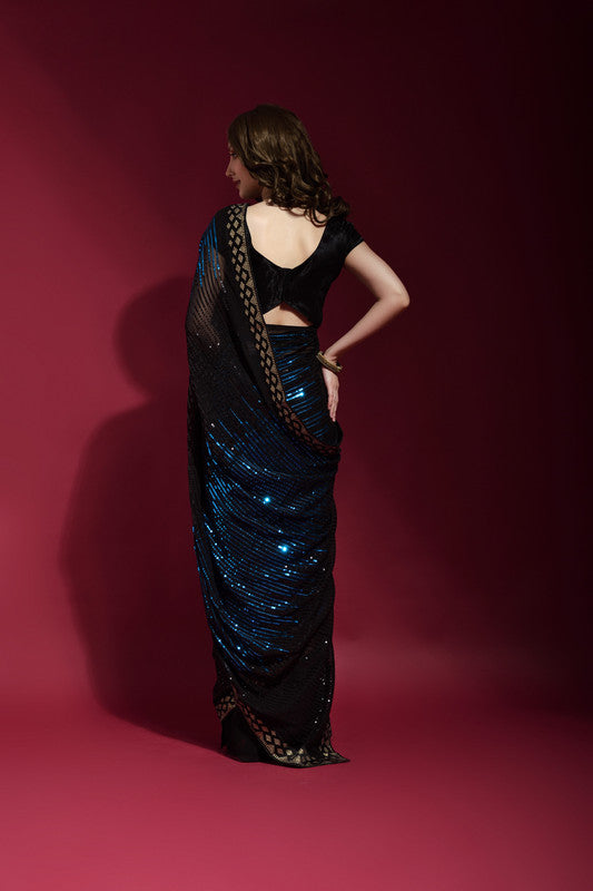 Jyoti Fashion Women's Blue Sequence Embroidery Georgette Saree with Blouse - Distacart